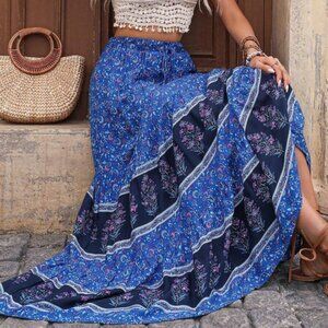 Boho Floral Print Stretchy Waist Maxi Skirt